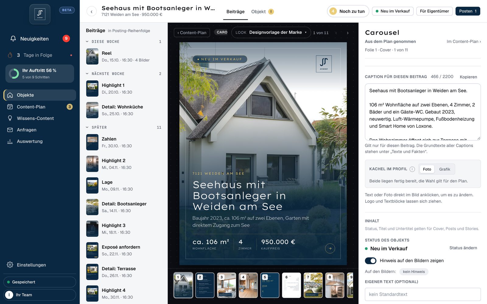 Visual Builder mit Carousel-Cover in der Live-Vorschau