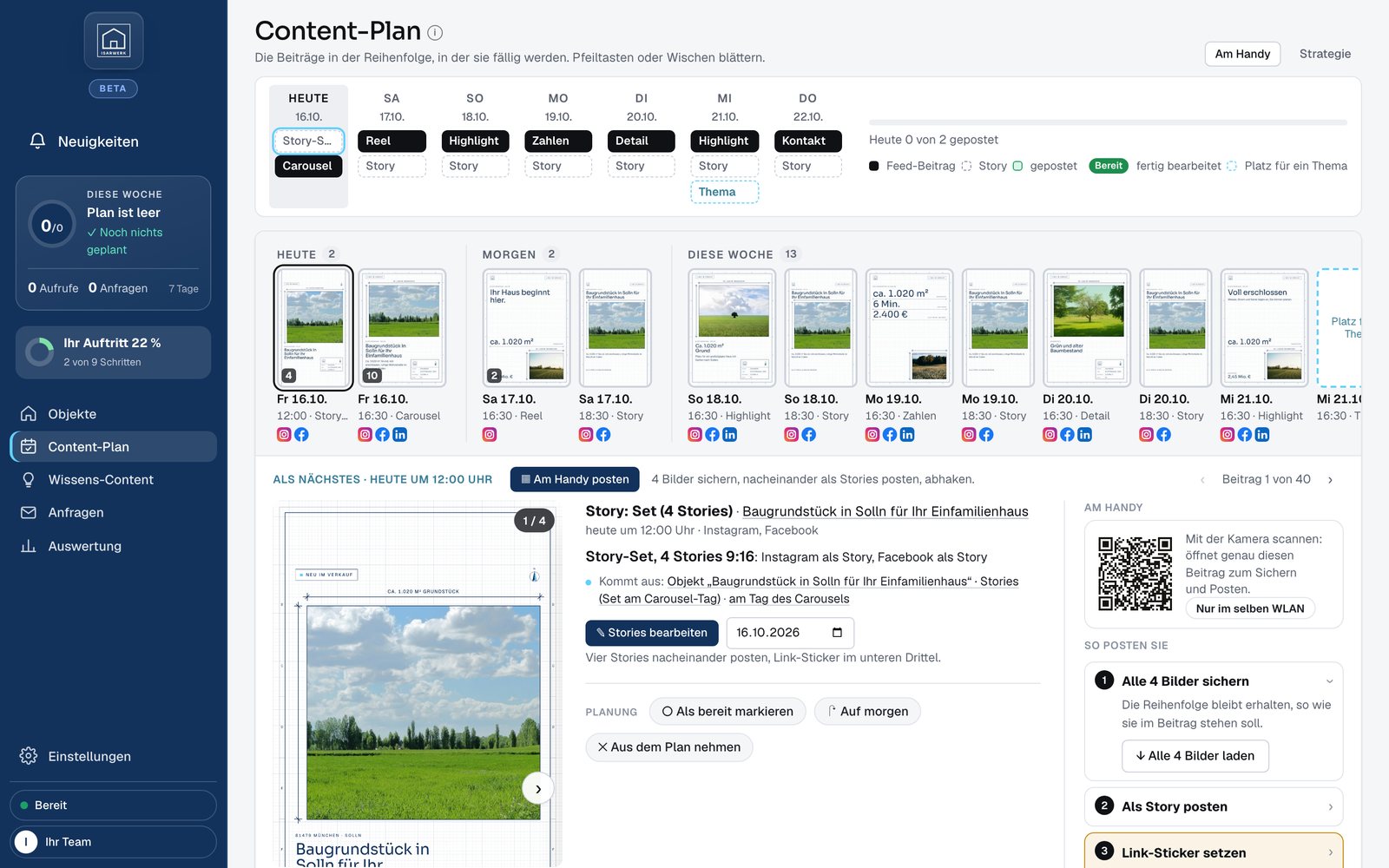 Content-Plan mit den nächsten Beiträgen, Bildern und Caption